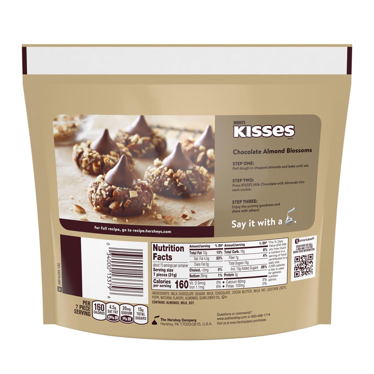 HERSHEY'S KISSES Milk Chocolate with Almonds Candy Family Pack, 16 oz