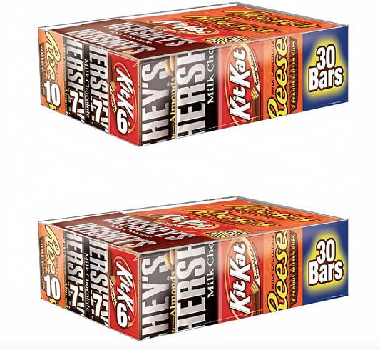 Hershey uxApzl Chocolate Candy Bar Variety Pack, HERSHEYS Milk Chocolate With Almonds, HERSHEYS Milk Chocolate, REESES Peanut Butter Cups, and KIT KAT Bars 30 Count Box (2 Pack)