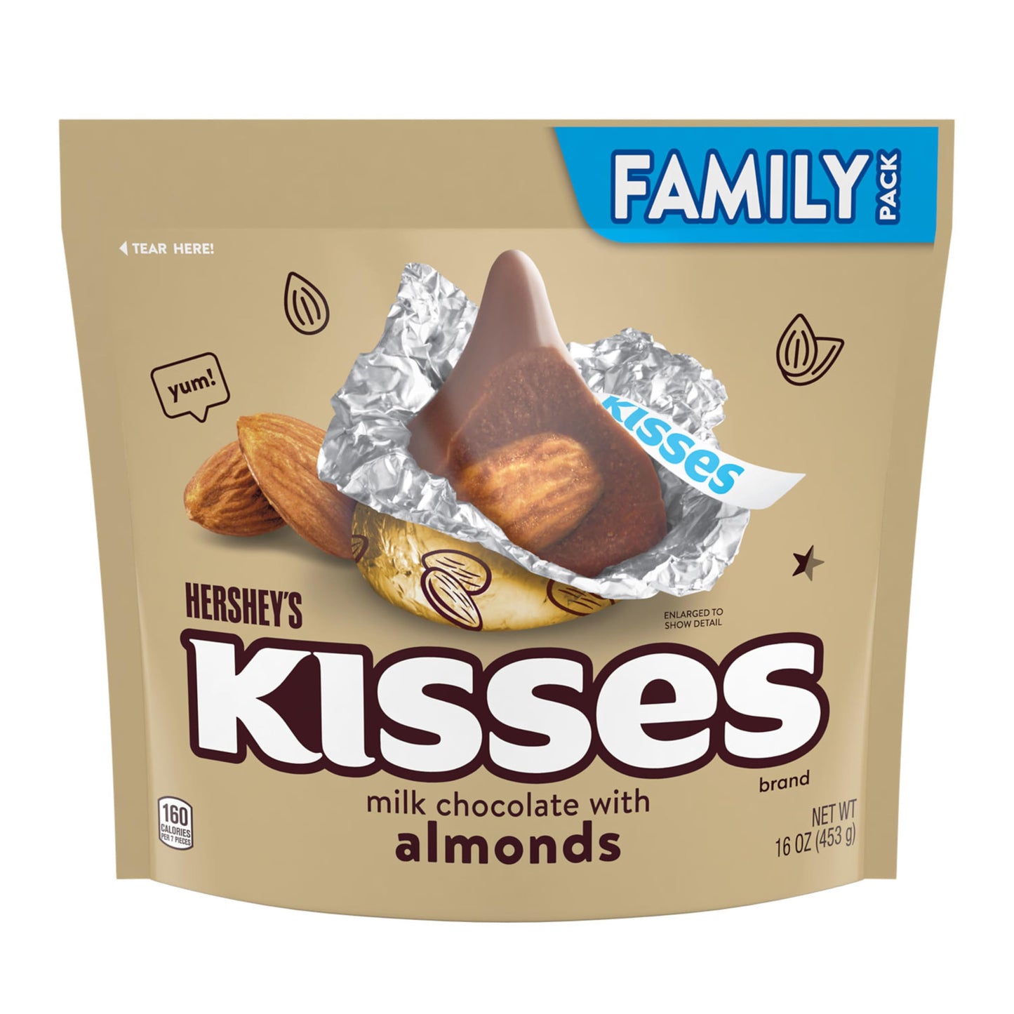 HERSHEY'S KISSES Milk Chocolate with Almonds Candy Family Pack, 16 oz