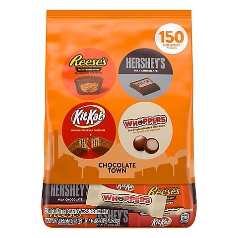 Hershey's Chocolate Town Candy Assortment Miniature Pieces (Hershey's, Reese's, Kit Kat, Whoppers) 150 ct Bag