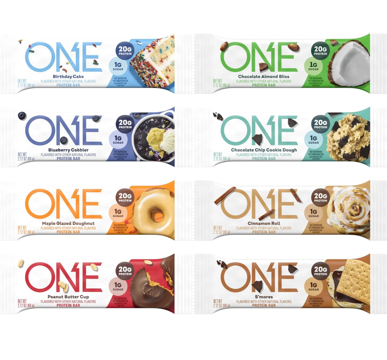 ONE Protein Bars, Sampler Variety Pack, Gluten Free with 20g Protein and 1g Sugar, Pantry Staples, 2.12 oz (8 Count)