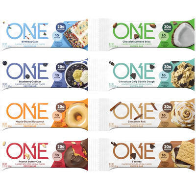 ONE Protein Bars, Sampler Variety Pack, Gluten Free with 20g Protein and 1g Sugar, Pantry Staples, 2.12 oz (8 Count)