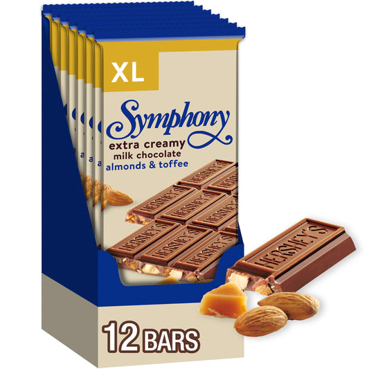 HERSHEY'S SYMPHONY Chocolate Almond Toffee XL, Candy Bars, 4.25 oz (16 Pieces, 12 Count)